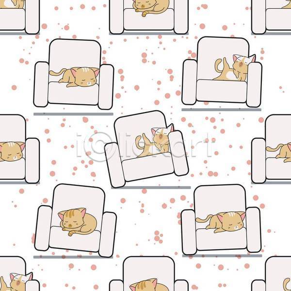 귀여움 러블리 휴식 사람없음 EPS 일러스트 해외이미지 고양이 눕기 동물캐릭터 소파 여러마리 잠 패턴 패턴백그라운드 흰색