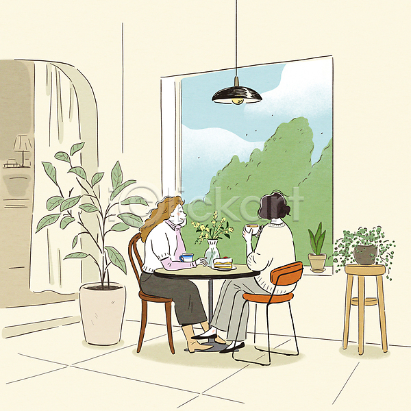 여유 티타임 두명 성인 성인여자만 여자 PSD 일러스트 나무 노란색 들기 디저트 식물 앉기 응시 의자 전신 조명 카페 커피 커피잔 케이크 탁자 턱괴기 화분