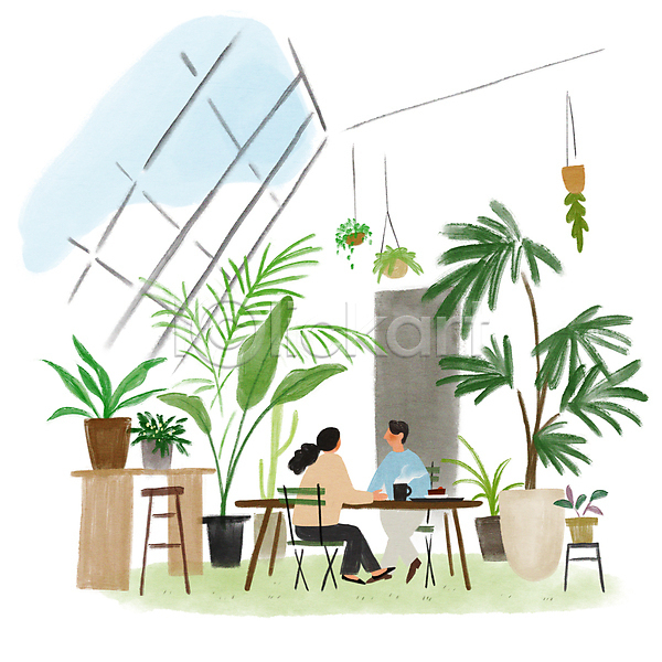 티타임 남자 두명 성인 성인만 여자 PSD 일러스트 디저트 식물 식물원 온실 응시 의자 전신 조명 창문 카페 커피 탁자 화분