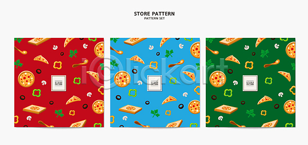 사람없음 AI(파일형식) 일러스트 빨간색 상자 양송이 올리브 초록색 파슬리 패턴 패턴백그라운드 피망 피자 피자조각 피자집 하늘색