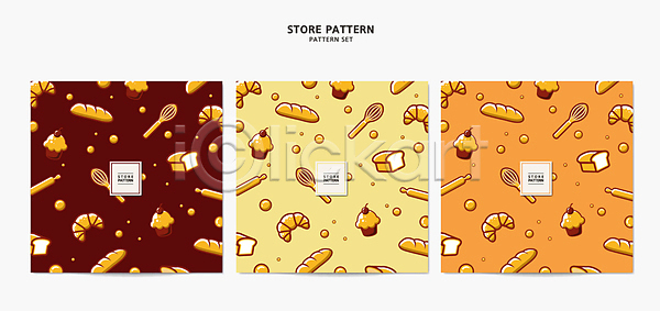 사람없음 AI(파일형식) 일러스트 갈색 거품기 노란색 머핀 밀대 바게트 빵 빵집 식빵 주황색 크루아상 패턴 패턴백그라운드