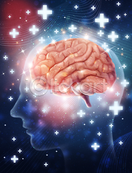 AI(파일형식) PSD 일러스트 건강 건강관리 뇌 뇌질환 머리 빛 십자모양 의학 치료 파란색 회복
