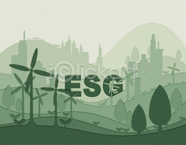 사람없음 AI(파일형식) 일러스트 ESG 건물 그린시티 나무 도시 빌딩 사회(공동체) 새싹 초록색 타이포그라피 페이퍼아트 풍력에너지 환경
