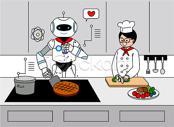 미래 스마트 요리중 함께함 남자 성인 성인남자한명만 한명 AI(파일형식) 일러스트 AI(인공지능) 굽기 도마 뒤집개 로봇 로봇산업 말풍선 미래산업 뿌리기 상반신 스테이크 식재료 안경낌 요리 요리사 자르기 재료손질 조리대 주방 하트 휴머노이드