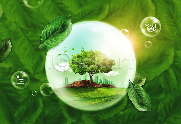 사람없음 PSD 편집이미지 ESG 구름(자연) 그린에너지 나무 나뭇잎 도시 물방울 빌딩 사회(공동체) 원형 초록색 친환경 흙