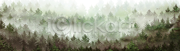 휴식 사람없음 PSD 일러스트 가득함 나무 산 숲 안개 와이드컷 자연 자연백그라운드 초록색 풍경(경치) 힐링