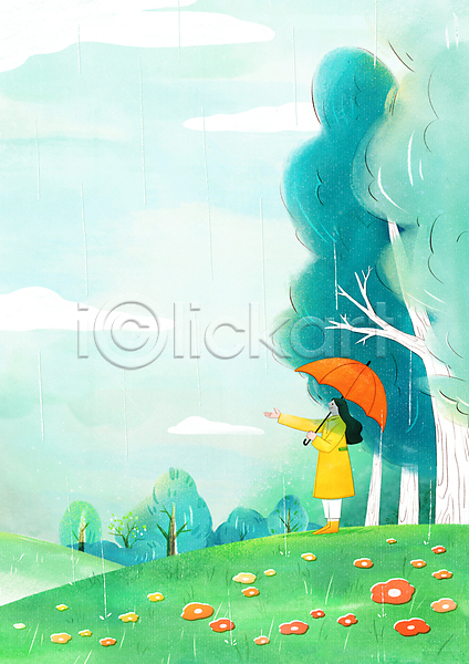 감성 성인 성인여자한명만 여자 한명 PSD 일러스트 꽃 꽃밭 나무 들기 봄 봄비 서기 손내밀기 수채화(물감) 우산 전신 초록색 초원(자연) 하늘