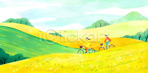 감성 남자 두명 성인 성인만 여자 PSD 일러스트 꽃 나무 노란색 봄 산 수채화(물감) 승차 여행 와이드컷 유채 유채밭 자전거 전신 초원(자연) 커플 하늘