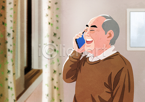 기쁨 반가움 소식(알림) 행복 남자 노년 노인남자한명만 한명 PSD 일러스트 가족 들기 상반신 스마트폰 안부 연락 웃음 집안 창가 커튼 통화