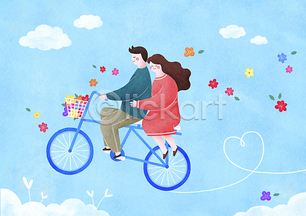 사랑 함께함 남자 두명 성인 성인만 여자 PSD 일러스트 구름(자연) 꽃 백허그 비행 승차 자전거 전신 커플 하늘 하늘색 하트