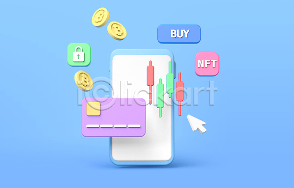 사람없음 3D PSD 디지털합성 편집이미지 NFT 가상화폐 금융 동전 모바일 모바일뱅킹 보안 스마트폰 신용카드 자물쇠 주식 체크카드 커서 파란색 편집 편집소스