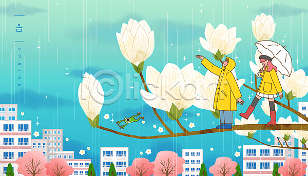남자 두명 성인 성인만 여자 PSD 일러스트 개구리 건물 구름(자연) 꽃 나뭇가지 들기 목련 벚나무 봄 봄비 손들기 우비 우산 장화 전신 파란색 한마리