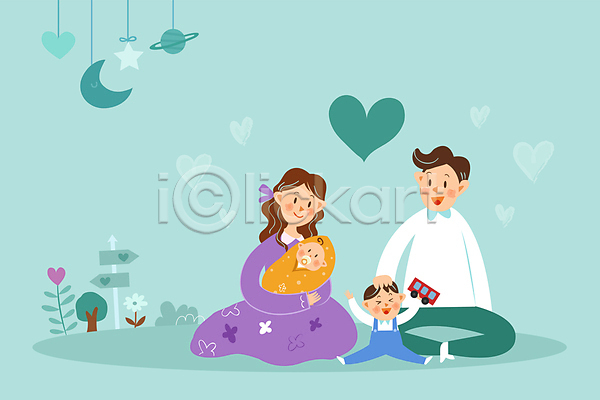남자 성인 소년 아기 어린이 여러명 여자 AI(파일형식) 일러스트 가족 꽃 나무 달 들기 모빌 방향표지판 별 쓰다듬기 아들 아빠 앉기 엄마 임신 장난감 전신 풀(식물) 하늘색 하트 행성
