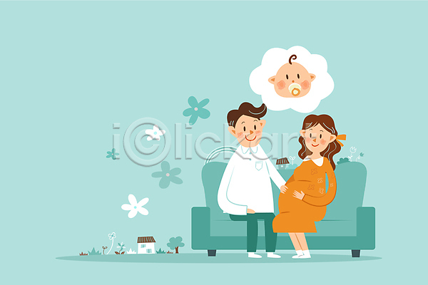 남자 성인 세명 아기 여자 AI(파일형식) 일러스트 가족 기다림 꽃 부부 소파 쓰다듬기 앉기 임산부 임신 전신 주택 하늘색