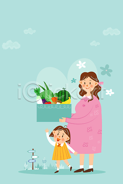 두명 성인 소녀(어린이) 어린이 여자 여자만 AI(파일형식) 일러스트 과일 구름(자연) 꽃 농작물 들기 모녀 방향표지판 상자 서기 손들기 수박 임산부 임신 전신 지원 채소 하늘색 하트