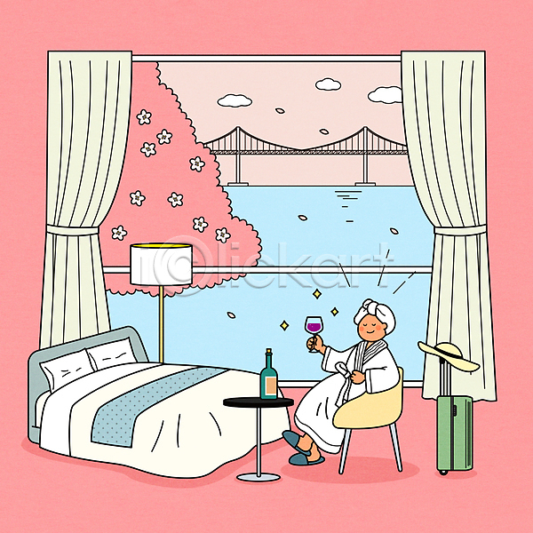 여유 성인 성인여자한명만 여자 한명 AI(파일형식) 일러스트 구름(자연) 다리(건축물) 들기 모자(잡화) 목욕가운 바다 바캉스 벚꽃 봄 봄여행 분홍색 스탠드조명 앉기 와인 와인잔 의자 전신 침대 캐리어 커튼 호캉스 호텔