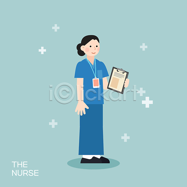 성인 성인여자한명만 여자 한명 AI(파일형식) 일러스트 간호복 간호사 들기 서기 서류판 십자모양 전신 직업캐릭터 하늘색