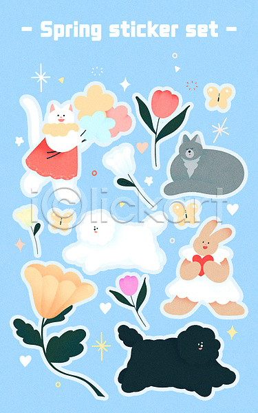 귀여움 사람없음 PSD 일러스트 강아지 고양이 꽃 나비 동물캐릭터 들기 봄 세트 스티커 여러마리 토끼 튤립 하늘색 하트