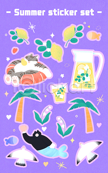 귀여움 사람없음 PSD 일러스트 갈매기 고양이 동물캐릭터 레모네이드 레몬 보라색 세트 스티커 야자수 어류 여러마리 여름(계절) 오리장난감 은방울꽃 인어 잔 조개 튜브 풀(식물)