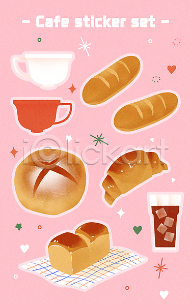 사람없음 PSD 일러스트 디저트 바게트 분홍색 빵 빵집 세트 스티커 식빵 식탁보 아이스커피 찻잔 카페 커피 커피잔 크루아상