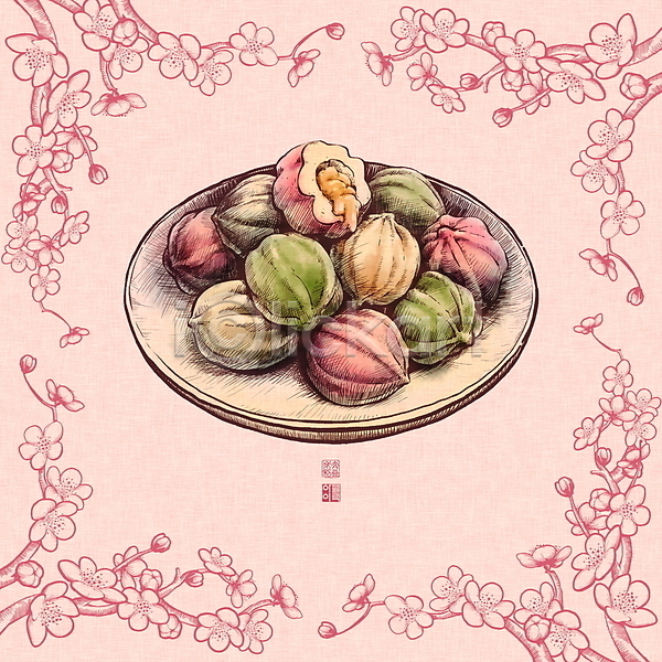 사람없음 PSD 일러스트 꿀 꿀떡 나뭇가지 낙관 도장 매화 보테니컬아트 분홍색 전통음식 접시 프레임 한국전통