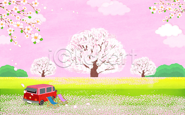 사람없음 PSD 일러스트 간이의자 구름(자연) 꽃잎 벚꽃 봄 봄풍경 분홍색 자동차 자동차여행 차박 캠핑카