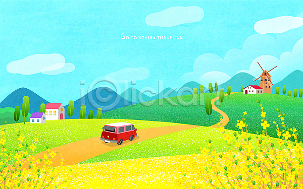 사람없음 PSD 일러스트 구름(자연) 노란색 봄풍경 산 유채 유채밭 자동차여행 주택 차박 캠핑카 풍차 하늘 하늘색