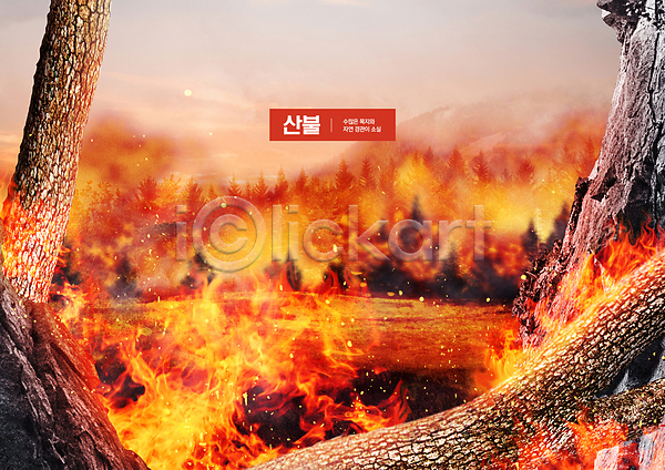 사회이슈 위험 사람없음 PSD 편집이미지 나무 나무토막 불 불씨 빨간색 산 산불 피해 화재