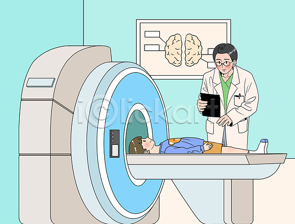 남자 남자만 두명 성인 소년 어린이 PSD 일러스트 CT촬영 MRI 건강검진 뇌 눕기 들기 상반신 소아과 소아과의사 안경낌 어린이병원 전신 진료 진찰기록부