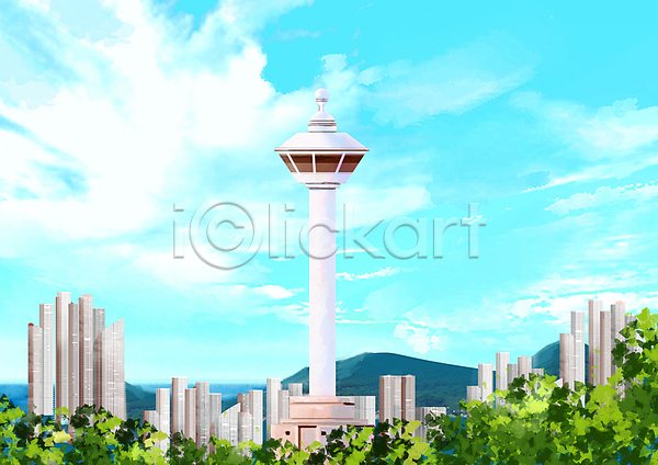 사람없음 PSD 일러스트 고층빌딩 구름(자연) 도시 부산 부산타워 산 용두산공원 탑 하늘