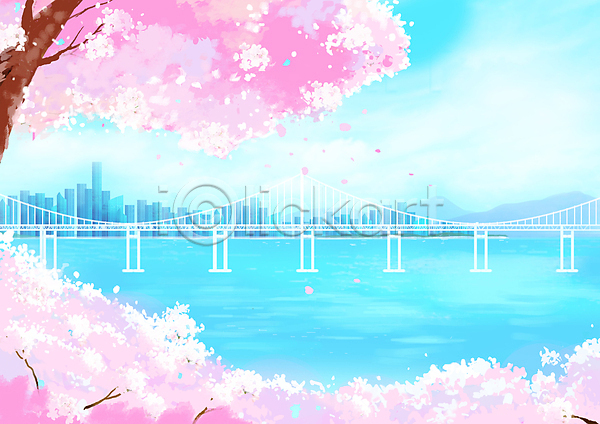 사람없음 PSD 일러스트 광안대교 광안리해수욕장 도시 바다 벚꽃 벚나무 봄풍경 부산 분홍색 빌딩 하늘색