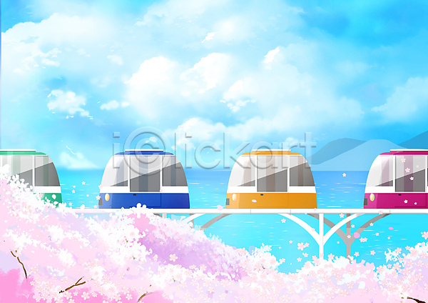 사람없음 PSD 일러스트 구름(자연) 레일바이크 바다 벚꽃 벚나무 봄풍경 부산 풍경(경치) 하늘 하늘색