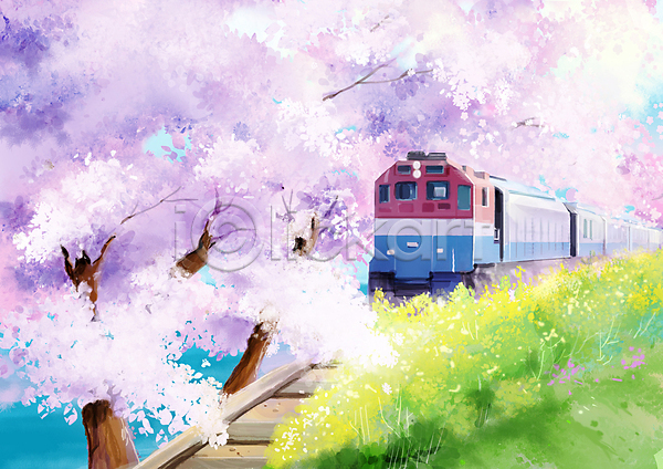 사람없음 PSD 일러스트 기차 기찻길 바다 벚꽃 벚나무 봄풍경 부산 분홍색 선로 잎 해변