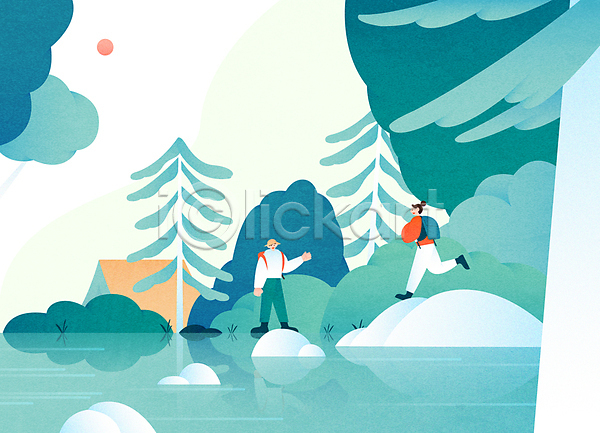 남자 두명 성인 성인만 여자 AI(파일형식) 일러스트 걷기 나무 바위 백패킹 산 숲 여행 자연 전신 초록색 취미 캠핑 커플 텐트 호수 휴가