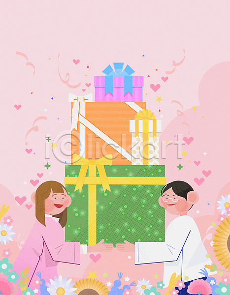 남자 두명 성인 성인만 여자 AI(파일형식) 일러스트 가정의달 꽃 들기 부부 부부의날 분홍색 상반신 선물 선물상자 하트