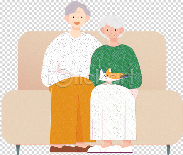 남자 노년 노인만 두명 여자 PNG 편집이미지 고양이 노부부 누끼 반려묘 소파 안기 앉기 전신 편집 편집소스 한마리 할머니 할아버지