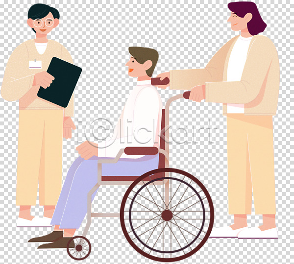 남자 성인 성인만 세명 여자 PNG 편집이미지 누끼 돌봄 돌봄서비스 들기 비장애인 서기 서류판 앉기 요양 요양보호사 의료진 잡기 장애인 전신 편집 편집소스 휠체어