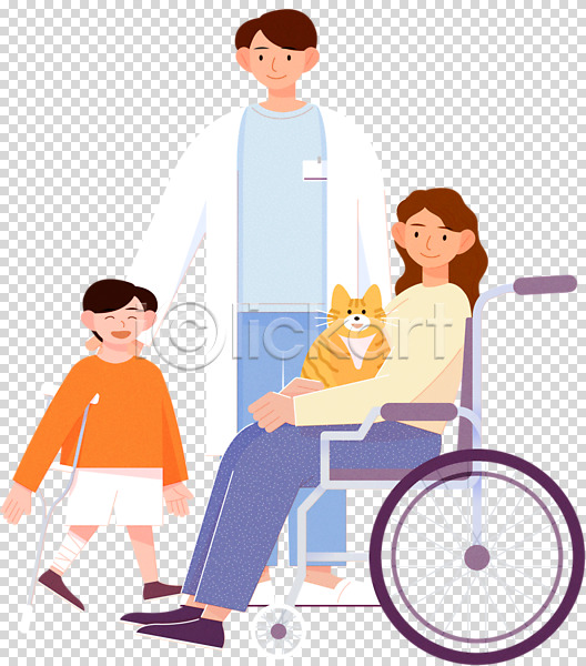 남자 성인 세명 소년 어린이 여자 PNG 편집이미지 고양이 깁스 누끼 목발 서기 안기 앉기 어깨에손 의료진 의사 장애인 전신 편집 편집소스 한마리 휠체어