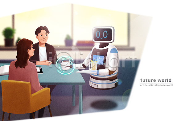 미래 남자 두명 성인 성인만 여자 PSD 일러스트 AI(인공지능) 들기 디지털산업 로봇 로봇산업 무인매장 서빙 앉기 의자 전신 창문 카페 컵 탁자