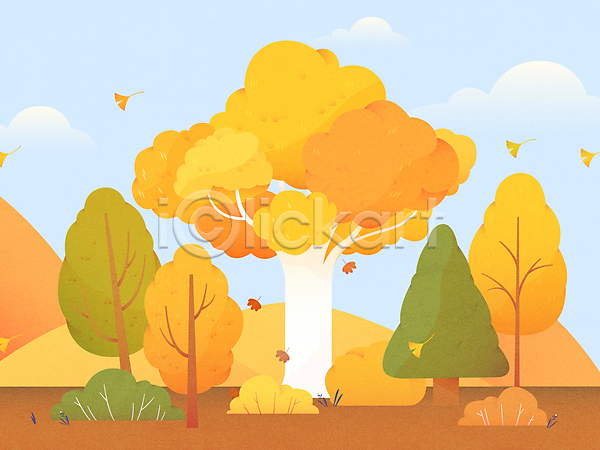 사람없음 AI(파일형식) 일러스트 가을(계절) 가을풍경 구름(자연) 낙엽 노란색 단풍 단풍나무 산 은행잎 자연 풀(식물) 하늘