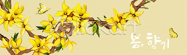 사람없음 PSD 일러스트 개나리 글자캘리그라피 나뭇가지 나비 노란색 두마리 봄 봄꽃 손글씨 싱그러움 와이드컷 잎