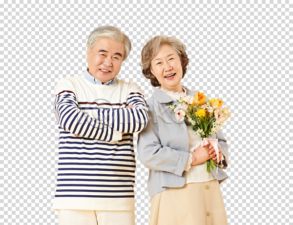 다정 즐거움 행복 60대 남자 노년 노인만 두명 여자 한국인 PNG 편집이미지 꽃다발 누끼 들기 미소(표정) 상반신 웃음 팔짱 편집 편집소스 할머니 할아버지