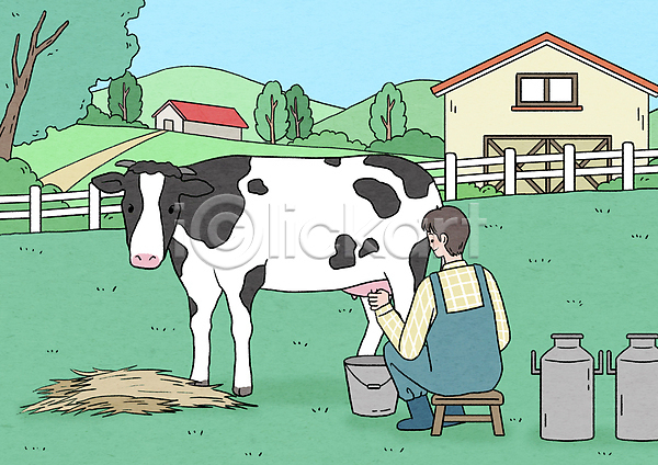 남자 성인 성인남자한명만 한명 PSD 일러스트 낙농업 농가 먹이 목장 볏짚 앉기 우유짜기 우유통 의자 전신 젖 젖소 창고 초원(자연) 풀(식물) 한마리