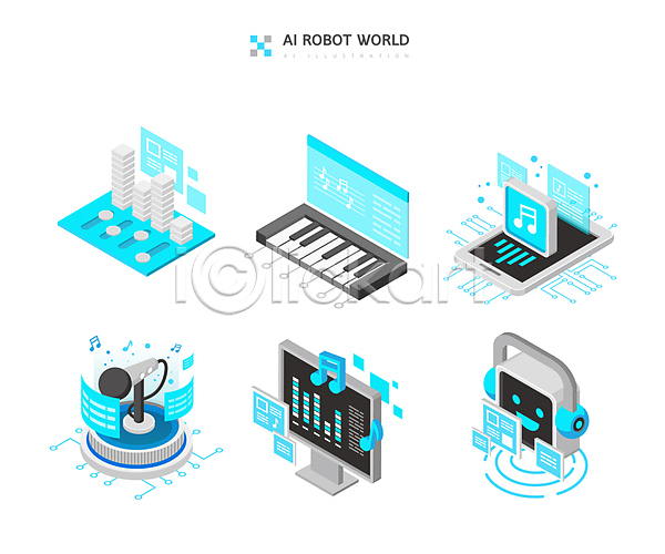 스마트 사람없음 AI(파일형식) 일러스트 AI(인공지능) 로봇 마이크 모니터 스마트폰 스크린 아이소메트릭 음악 음원 음표 음향기기 이퀄라이저 컴퓨터 피아노건반 헤드폰