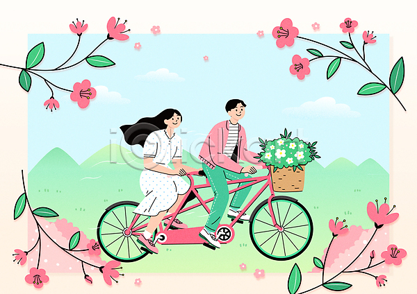 함께함 남자 두명 성인 성인만 여자 AI(파일형식) 일러스트 2인용자전거 구름(자연) 꽃 꽃바구니 데이트 라이딩 봄 봄풍경 산 승차 전신 초원(자연) 커플 풀(식물) 하늘