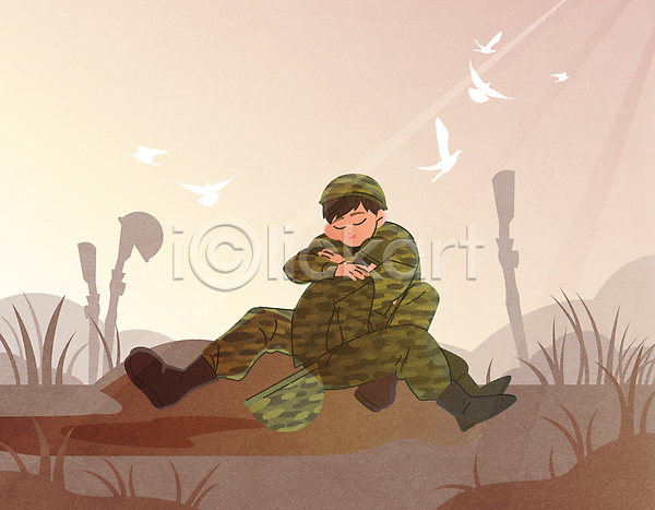 위로 평화 함께함 남자 두명 성인 성인남자만 AI(파일형식) 일러스트 갈색 군모 군복 군인 눈감음 비둘기 앉기 여러마리 전신 전우 전쟁 전쟁터 총 포옹 풀(식물) 햇빛