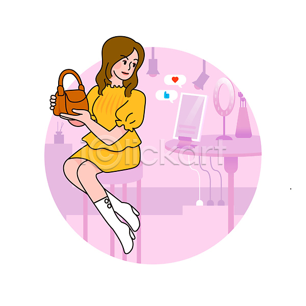 성인 성인여자한명만 여자 한명 AI(파일형식) 일러스트 1인미디어 MZ세대 들기 라이브 보여주기 분홍색 스트리밍 앉기 의자 전신 조명장치 촬영 크리에이터 탁자 태블릿 핸드백