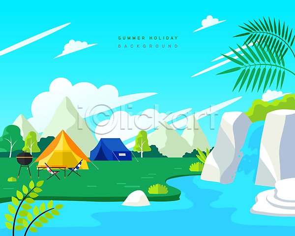 사람없음 AI(파일형식) 일러스트 강 계곡 구름(자연) 그릴 나무 나뭇잎 바캉스 산 야외테이블 여름(계절) 여름풍경 여름휴가 캠핑 캠핑의자 텐트 파란색 풍경(경치)