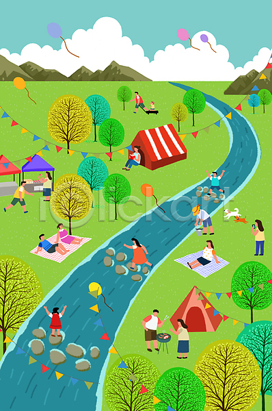 남자 성인 소녀(어린이) 소년 어린이 여러명 여자 PSD 일러스트 가랜드 강아지 개울 건너기 공연 공원 나무 달리기 돗자리 들기 물고기잡기 스마트폰 앉기 징검다리 캠핑 텐트
