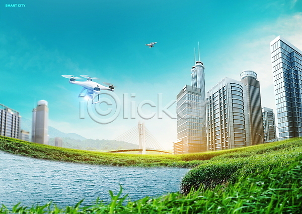 스마트 사람없음 PSD 편집이미지 강 건물 도시 드론 빌딩 잔디 파란색 하늘 호수